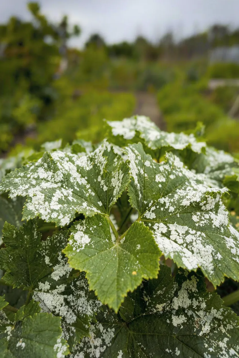 White powdery mildew spots across garden leaves.